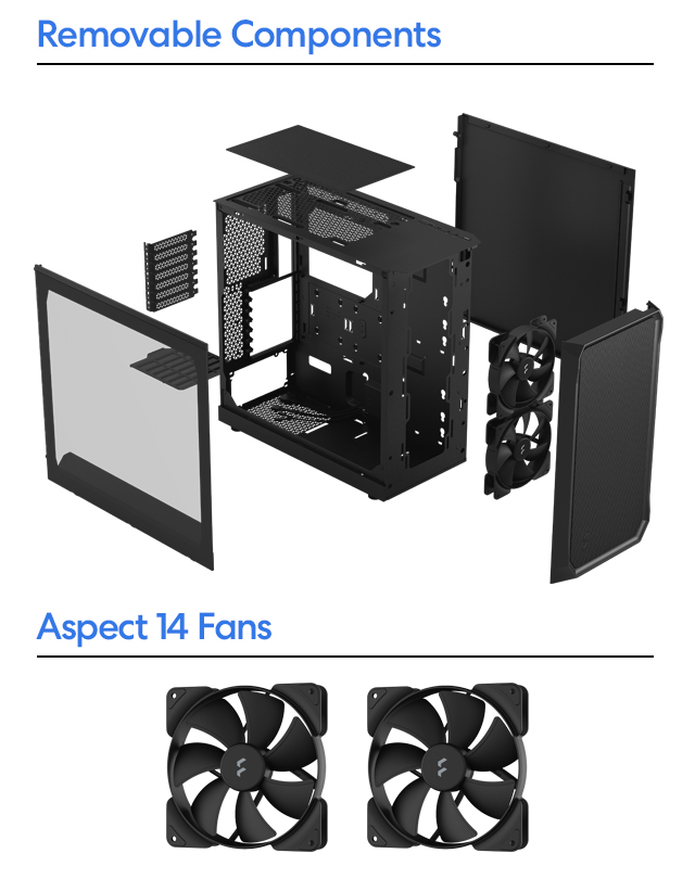 All components are separately displayed and three Aspect 12 fans are on display.